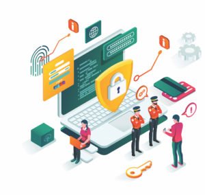 Imagem computadorizada de um notebook com elementos de segurança na internet