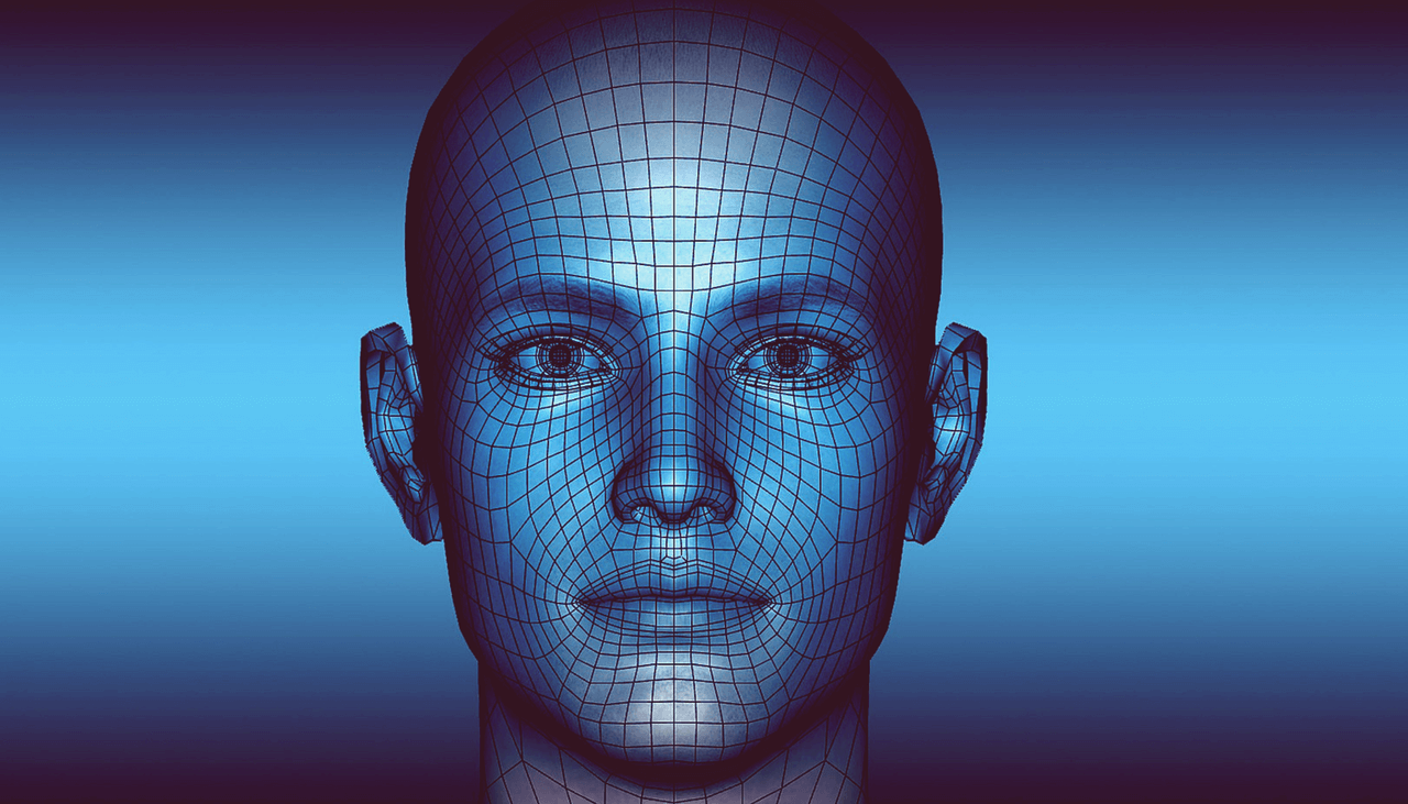 Ilustração de rosto humano gerado em software de computador. Imagem azulada. Linhas verticais e horizontais atravessam o rosto.